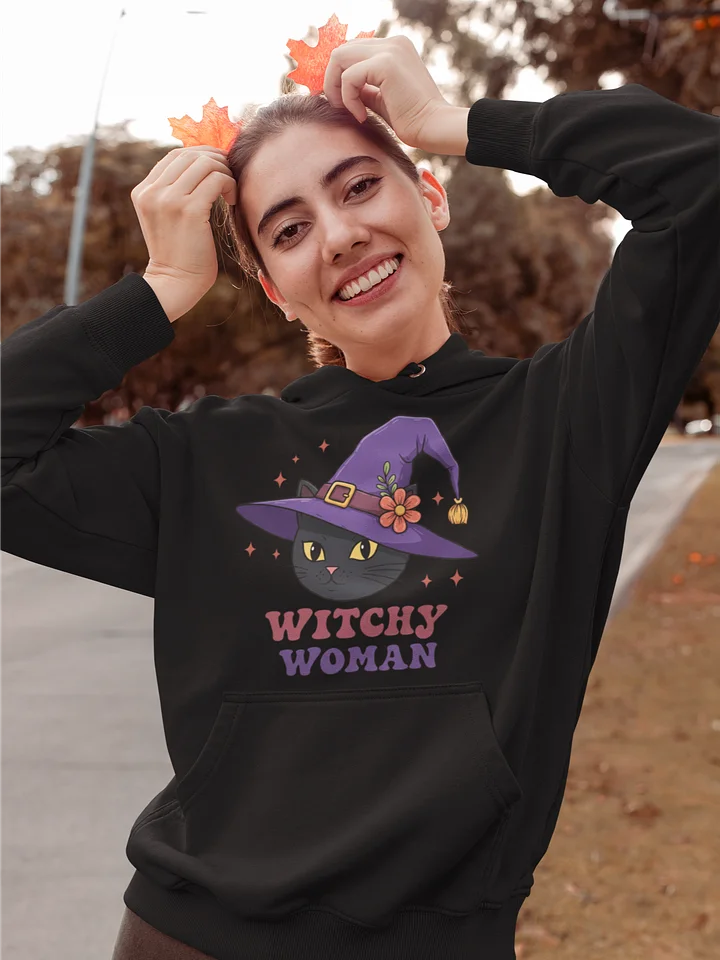 Witchy Woman Hoodie – Cute Black Cat Witch Hat Pullover, Spooky Halloween Sweatshirt, Cozy Witchcore Gift for Her product image (1)