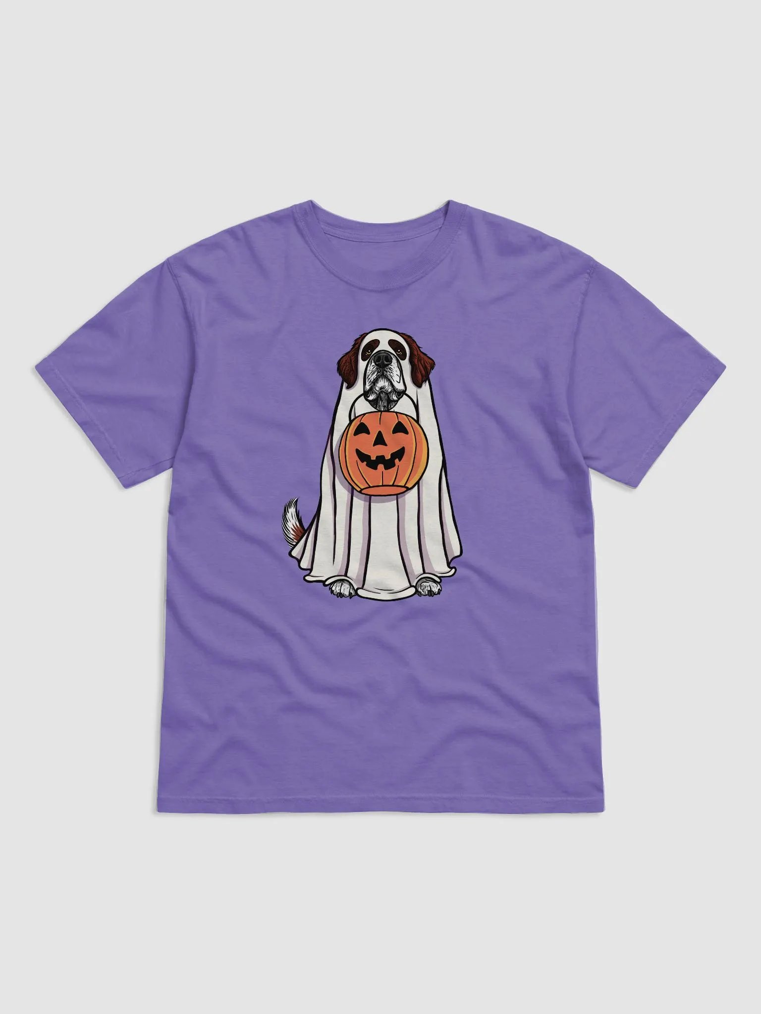 Funny Halloween Saint Bernard(Mahogany) T-Shirt | Funny Dog Wearing a Ghost Costume and Holding a Pumpkin Basket product image (1)