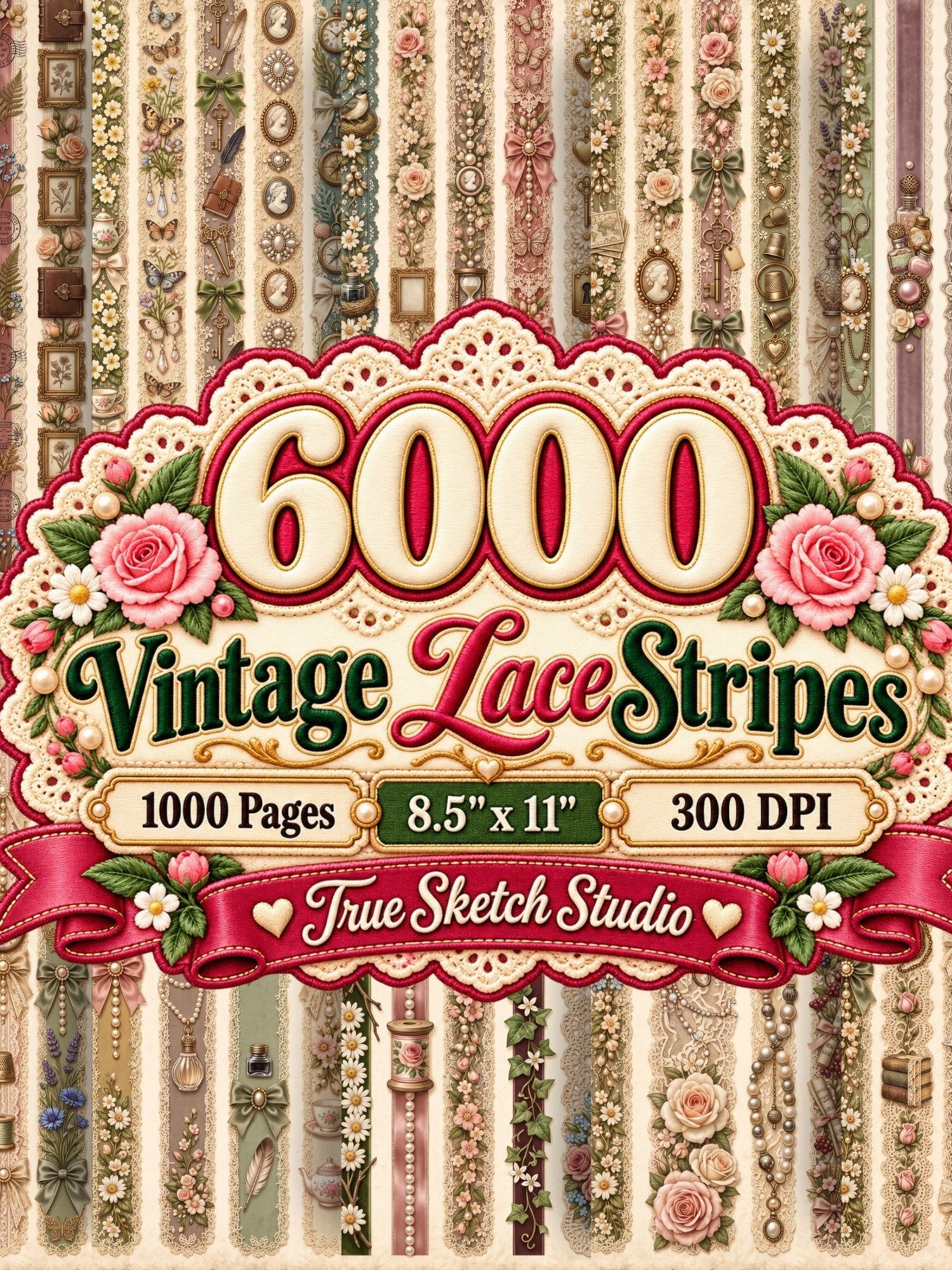 6000 Vintage Lace Strips, Printable Junk Journal Trim, Shabby Chic Ephemera, Rose Scrapbook Borders, 1000 JPG Pages, 8.5x11 Digital Download product image (1)