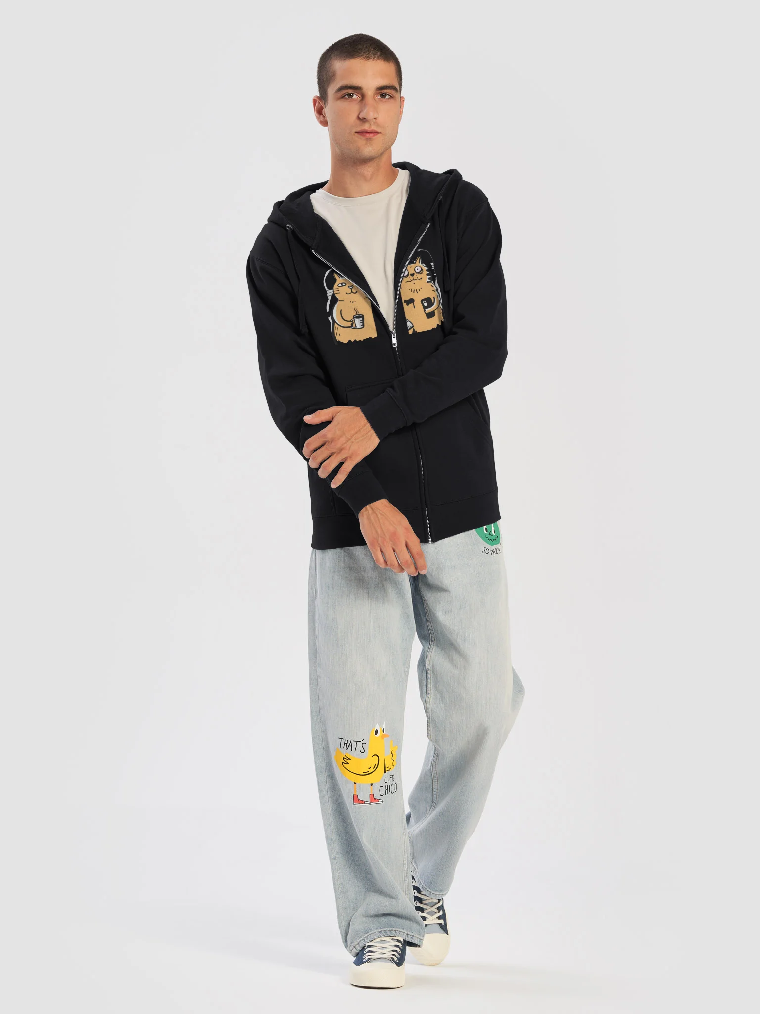 Coffee Cats Black Zip-Up Hoodie – Cute Cat Graphic Unisex Hoodie product image (7)