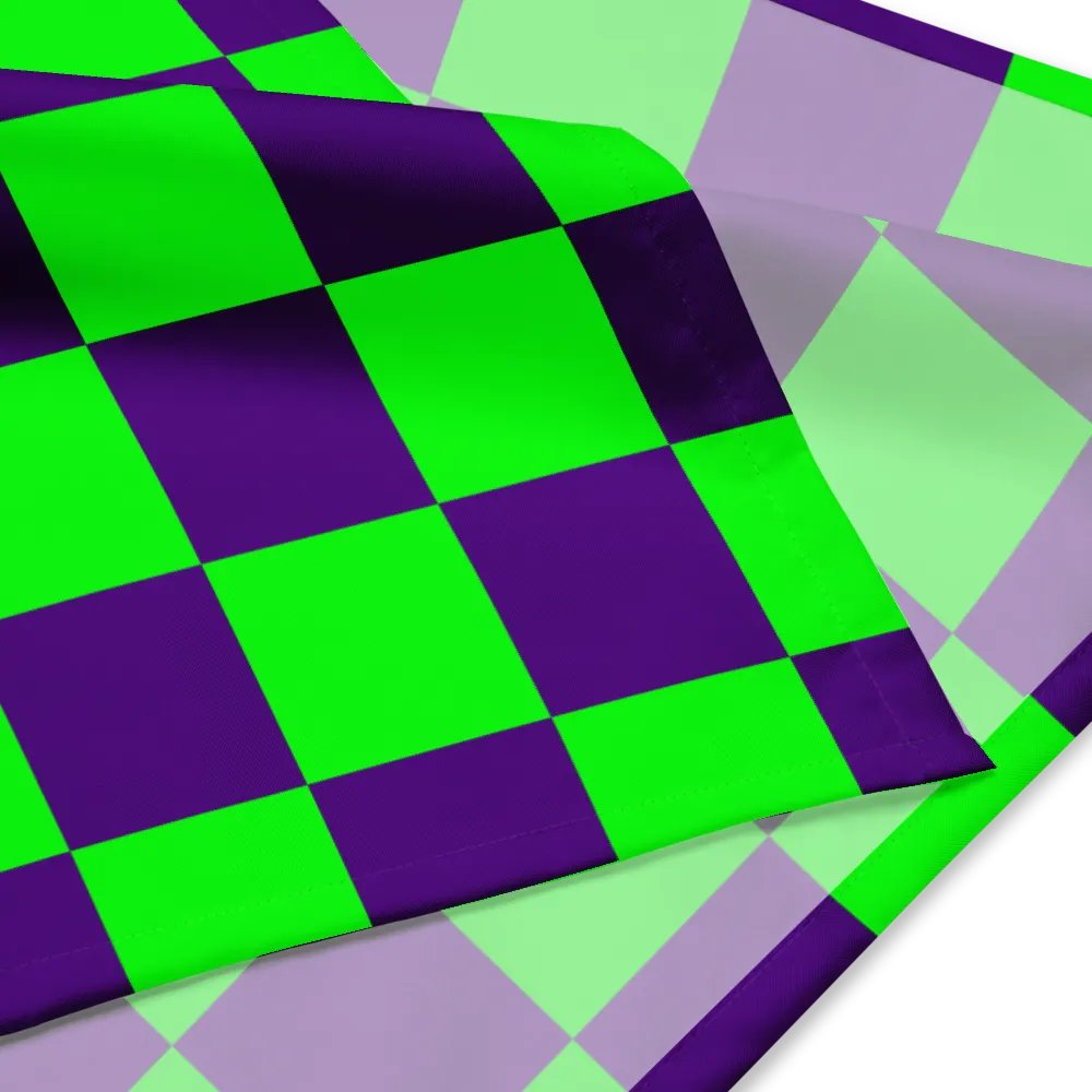 Twisted Checkers Neon Green Purple Bandana, Retro Checkerboard Pattern Accessory product image (4)