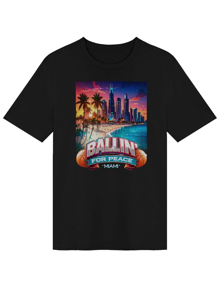 Ballin’ For Peace Miami Graphic Unisex T-Shirt – Tropical Basketball Streetwear with City Skyline Design product image (5)