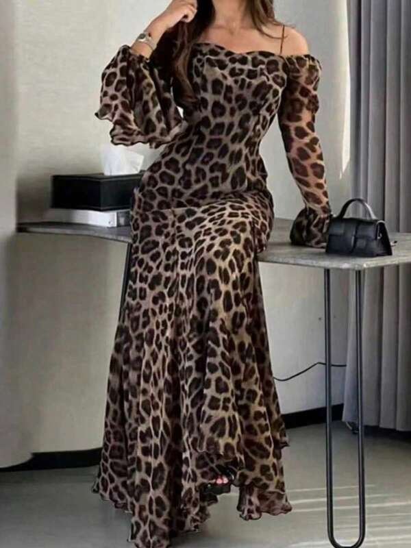 Elegant Leopard Print Ruffle Hem Waist Cinched Long Dress, Suitable For Party, Daily Wear And Travel, Spring/Autumn product image (2)