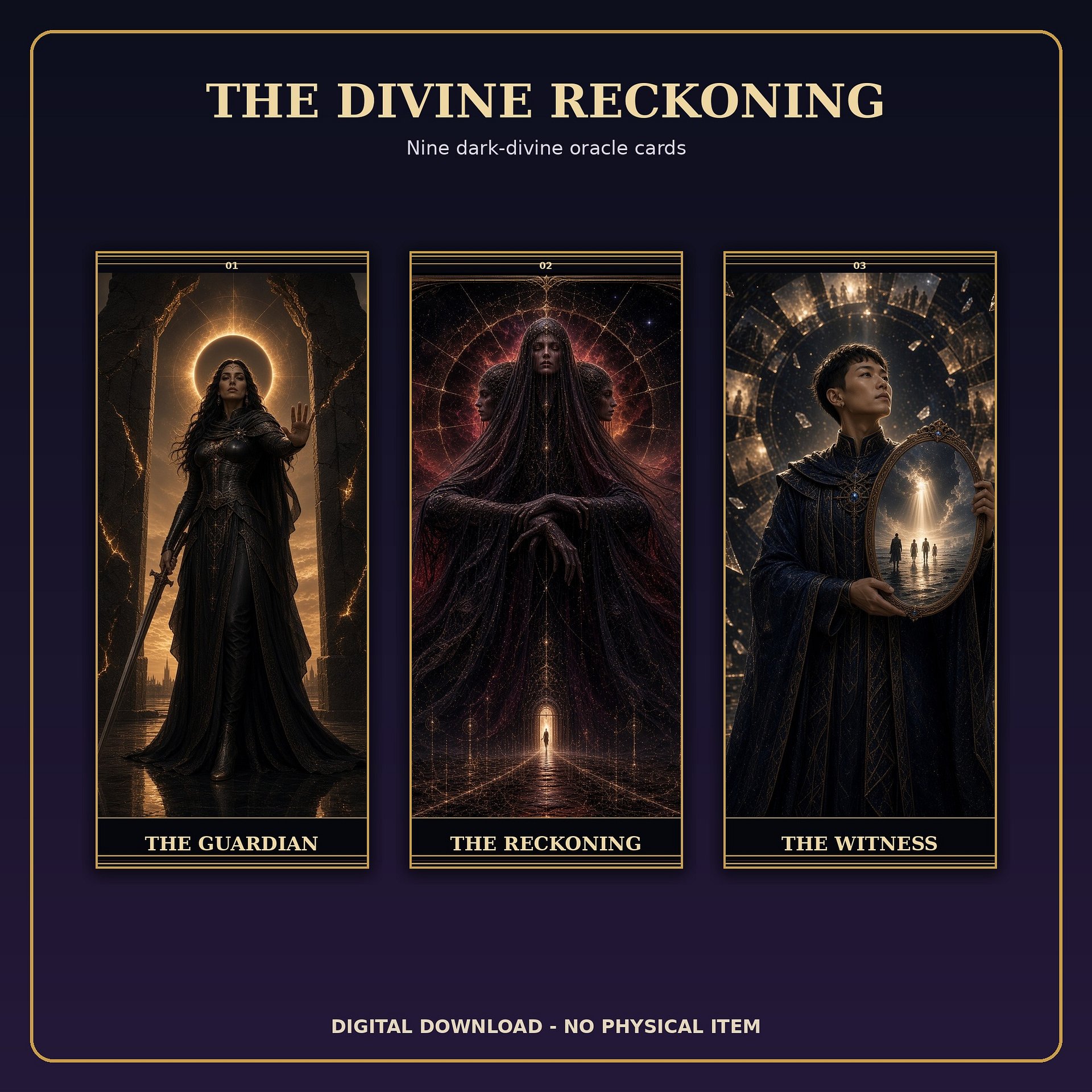 The Divine Reckoning Oracle Deck – 9 Printable Cards, Guidebook, Wallpapers & Altar Prints product image (1)