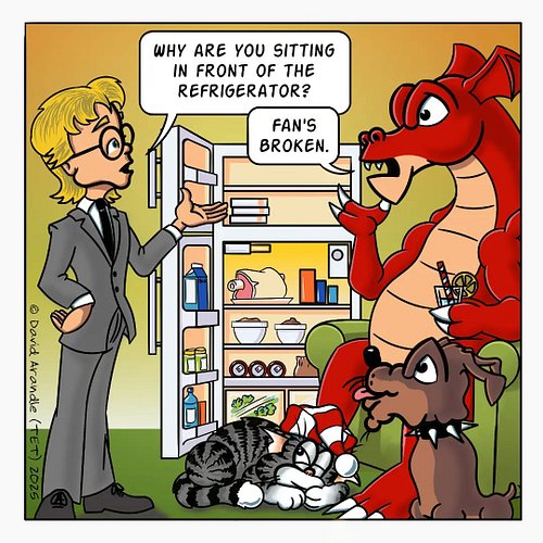 The heatwave continues, and sometimes, you've just got to improvise. #ResidentDragon #pets #refrigerator #heatwave #weather