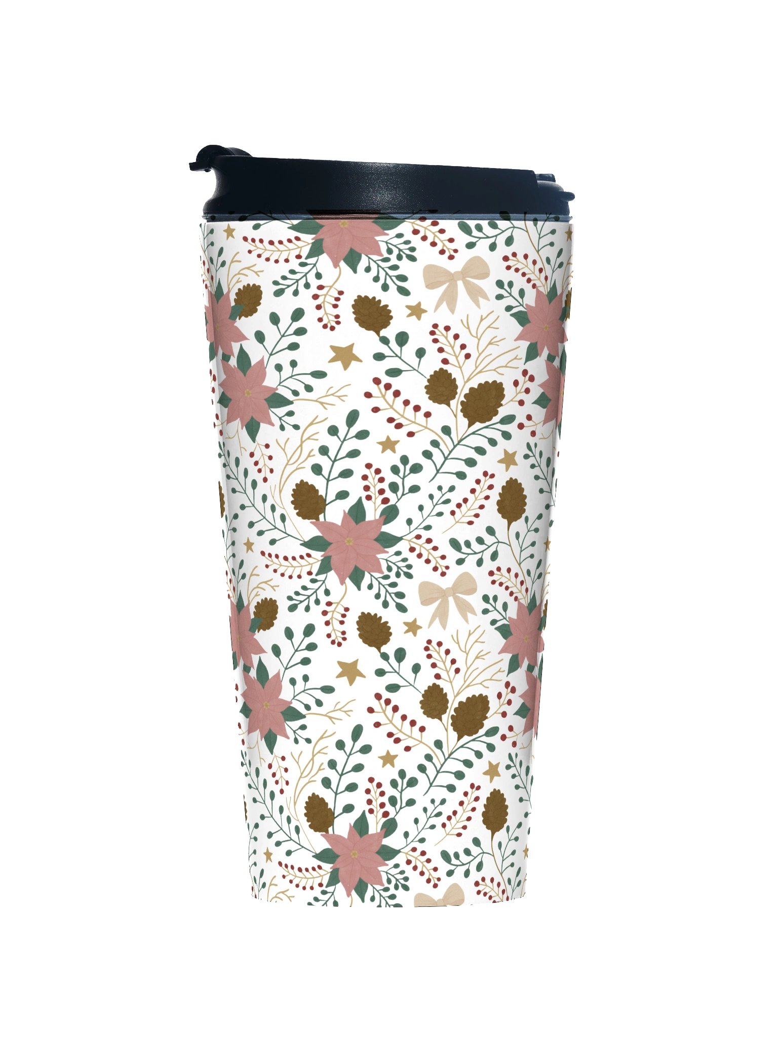 Stainless steel travel mug enchanted forest blooms. Botanical Christmas travel mug with poinsettias and winter florals product image (1)