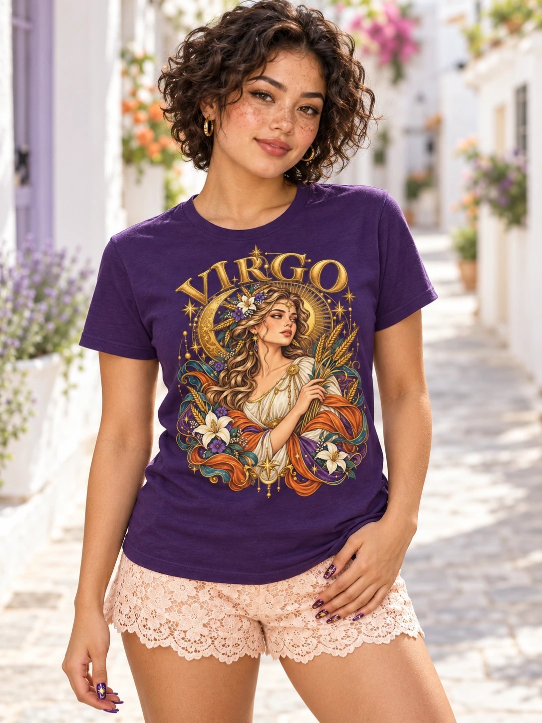 Virgo Zodiac T-Shirt With Celestial Maiden, Wheat and Lilies product image (2)