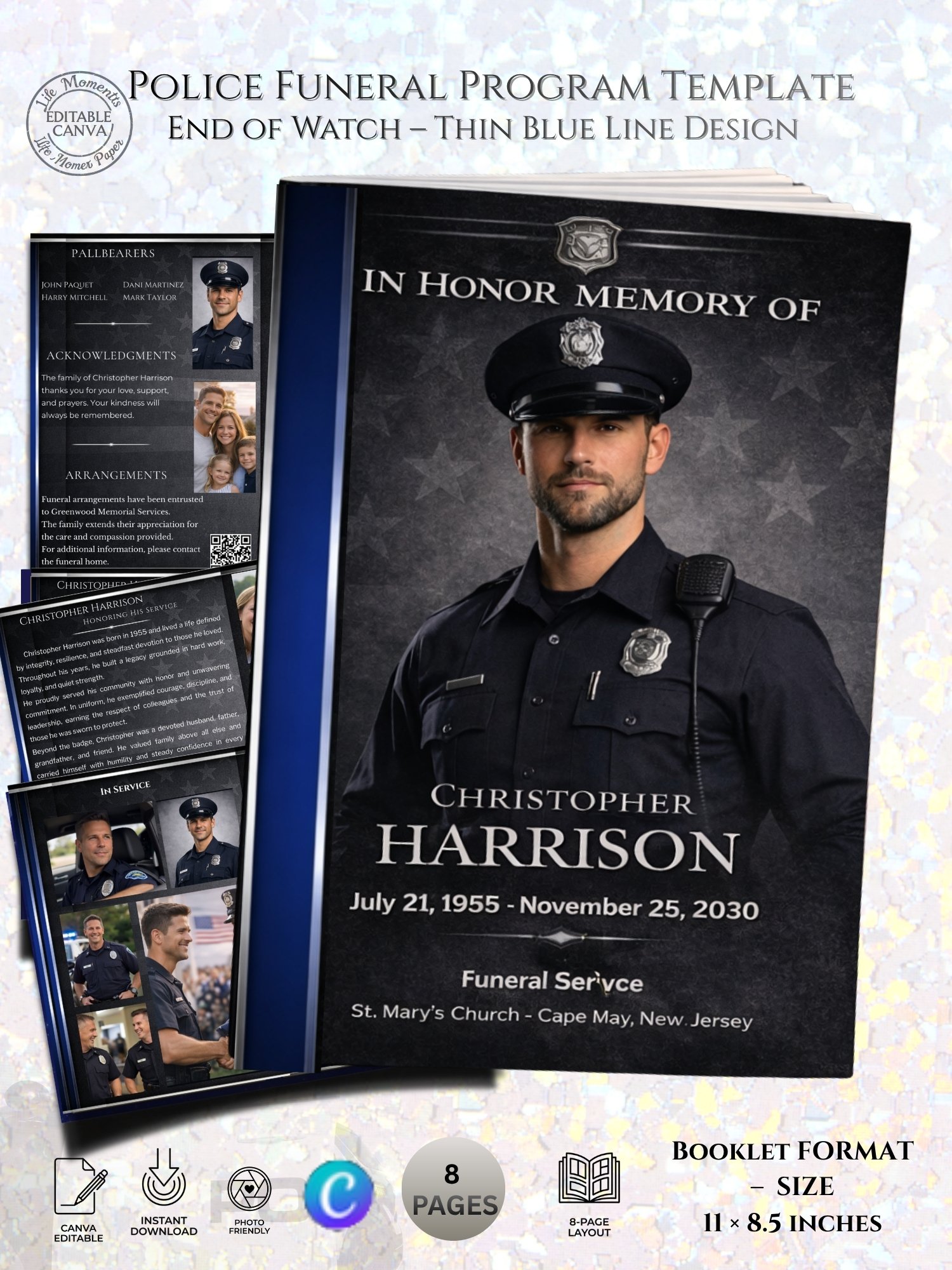 Police Funeral Program Template for Canva | Thin Blue Line 8-Page Obituary Booklet | 11x8.5 Editable Memorial product image (1)