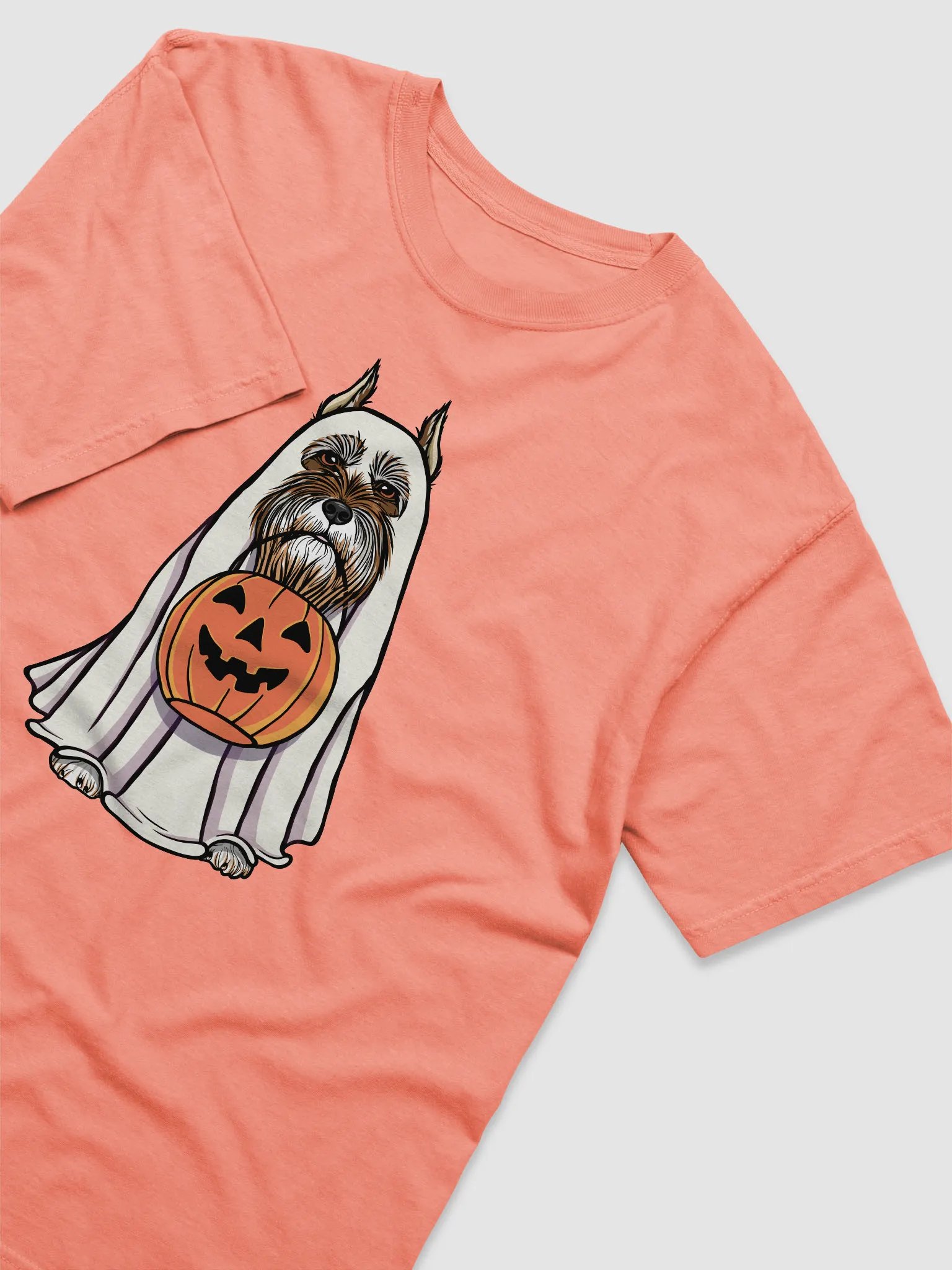 Funny Halloween Schnauzer(Liver, Cropped Ears) T-Shirt | Funny Schnauzer Wearing a Ghost Costume and Holding a Pumpkin Basket product image (6)