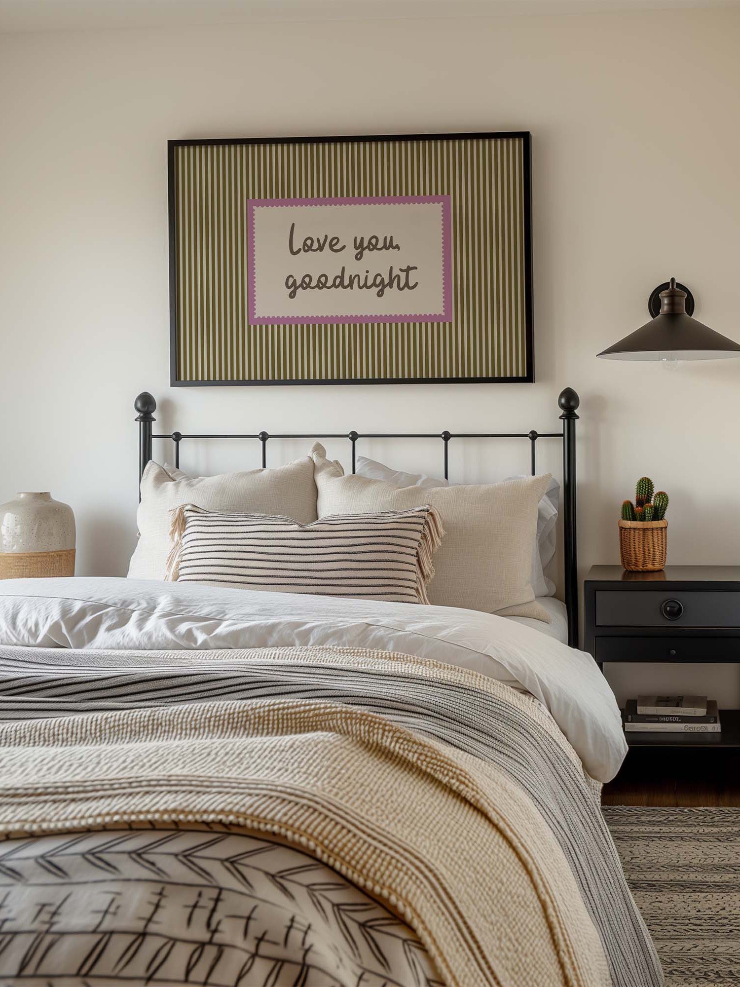Love You Goodnight Print, Retro Striped Wall Art, Handwritten Quote Poster, Neutral Bedroom Nursery Decor, Horizontal Digital Download product image (7)