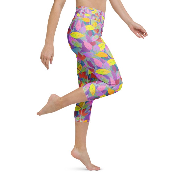 Yellow Pink Leaves Capri Leggings product image (1)