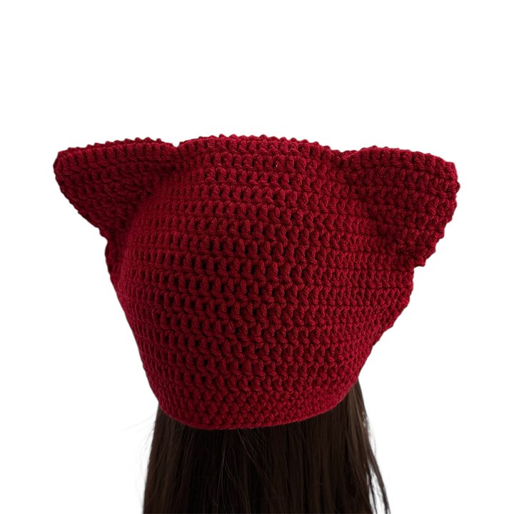 Winter Crochet Custom Cat Ear Bennie Red with green bow - for kids 6-12 yo. product image (2)