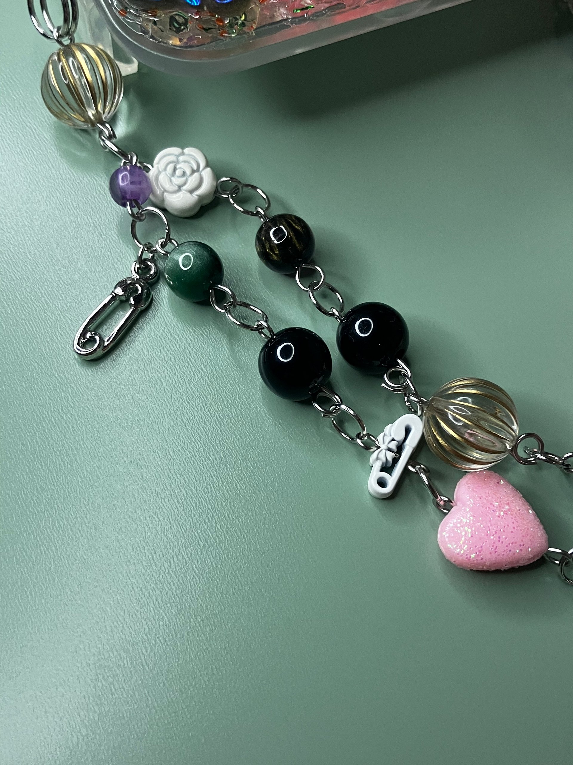 Pastel Goth Decoden Phone Clip Mirror with Beaded Dangle Charm Handmade product image (5)