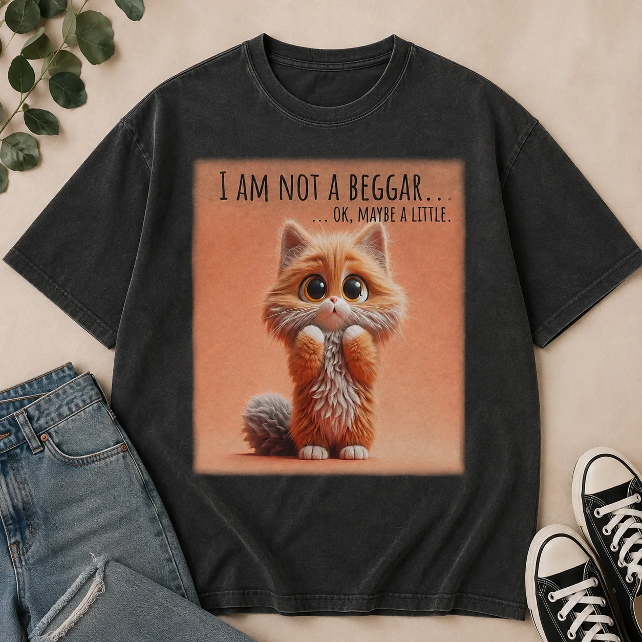 Cute Begging Cat Oversized T-Shirt, Premium AS Colour Faded Black Cat Lover Gift, Funny Kitty Tee Shirt product image (1)