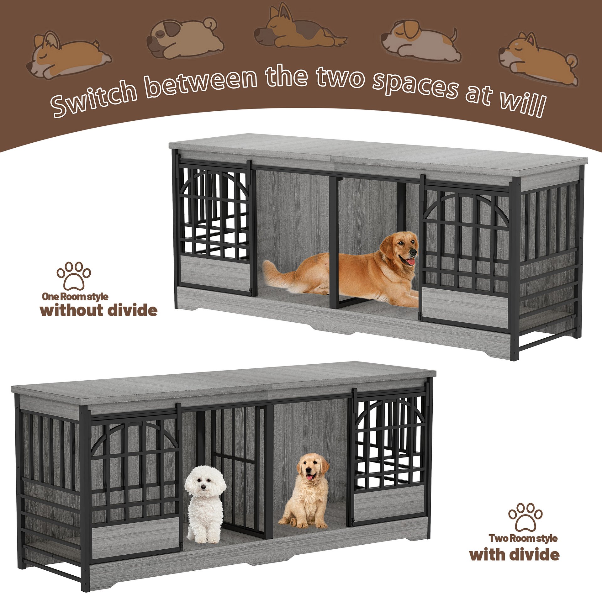 78 Inch Double Dog Crate Furniture, Extra Large Dog Kennel Indoor with Divider, Heavy Duty Dog Cage for 2 Dogs, Decorative Wooden Dog House Decorative Table TV Stand, Pet House for XLarge Dogs,Grey product image (5)