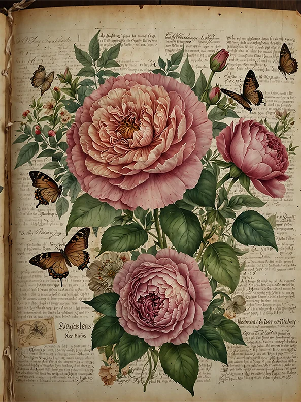 Set of 8 Antique Book Pages with Garden Roses No.R245 product image (3)