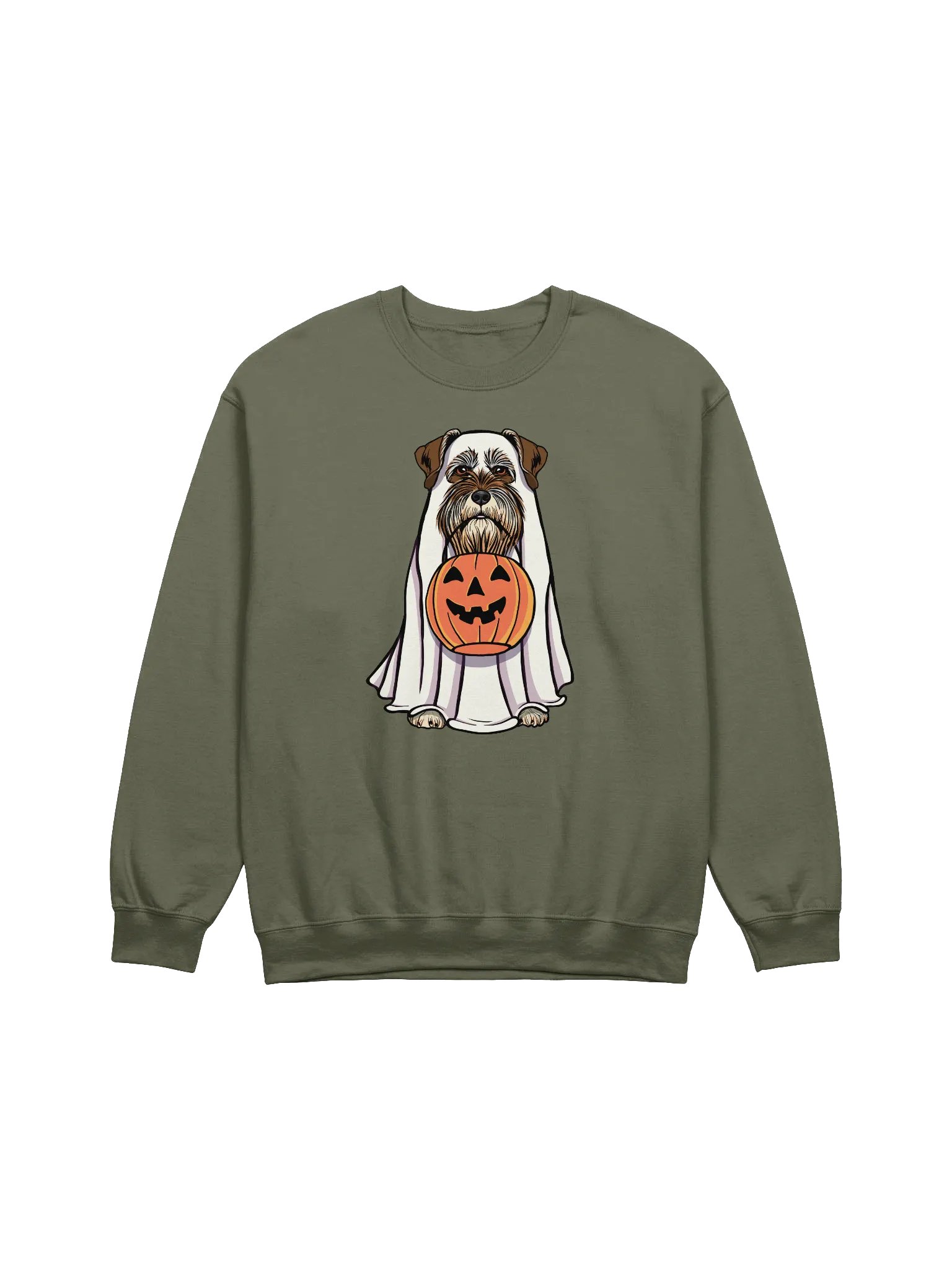 Funny Halloween Schnauzer(Liver) Sweatshirt | Funny Schnauzer Wearing a Ghost Costume and Holding a Pumpkin Basket product image (1)