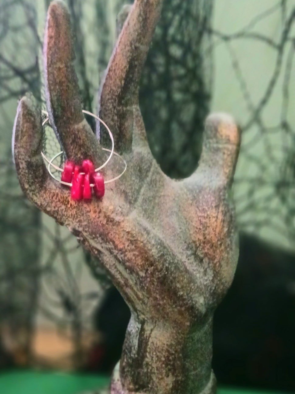 Red coral hoop earrings trio, handmade beaded hoops, lightweight product image (1)
