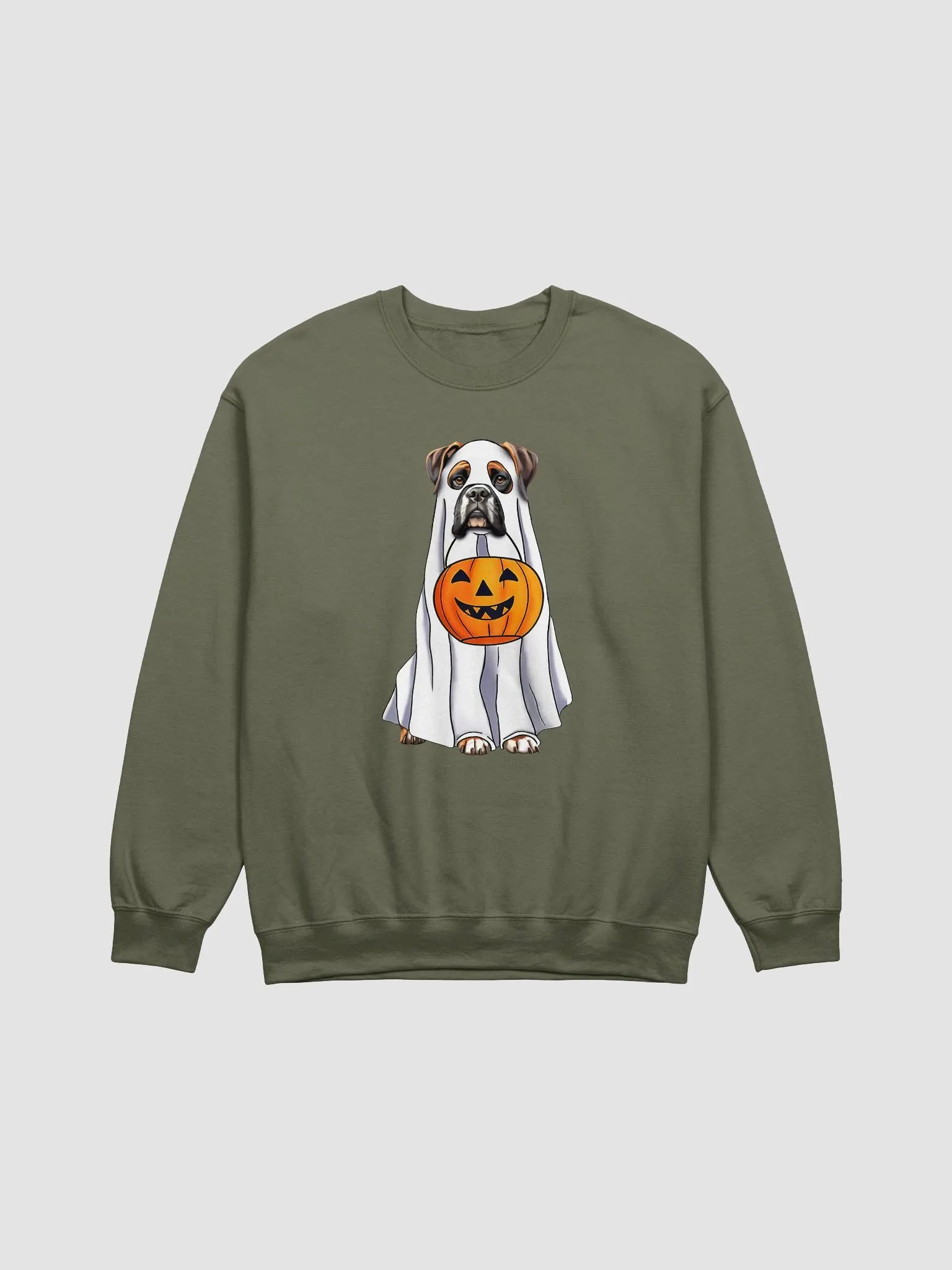 Boxer Dog Halloween Sweatshirt | Funny Fall and Halloween Boxer Wearing a Ghost Costume with Pumpkin Basket product image (1)