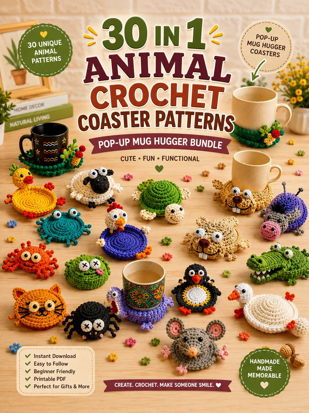 30-in-1 Animal Crochet Coaster Patterns | Pop-Up Mug Hugger Bundle product image (1)