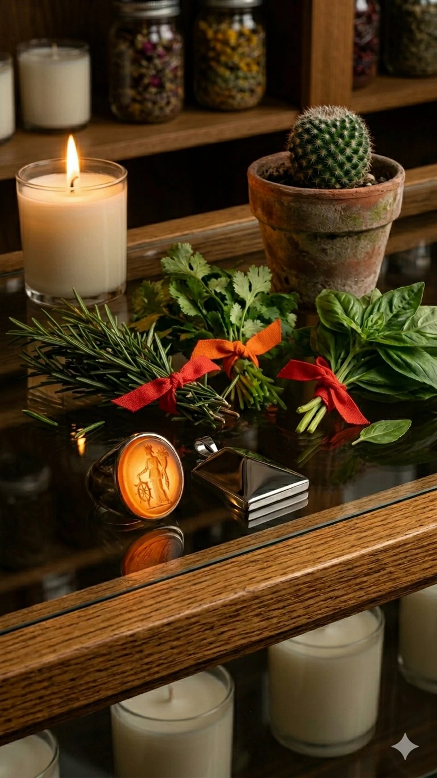 Botanica counter with candles, shelves of products, cactus, ribbon-tied herbs, gemstone pendant, and carnelian Fortuna intaglio ring.
