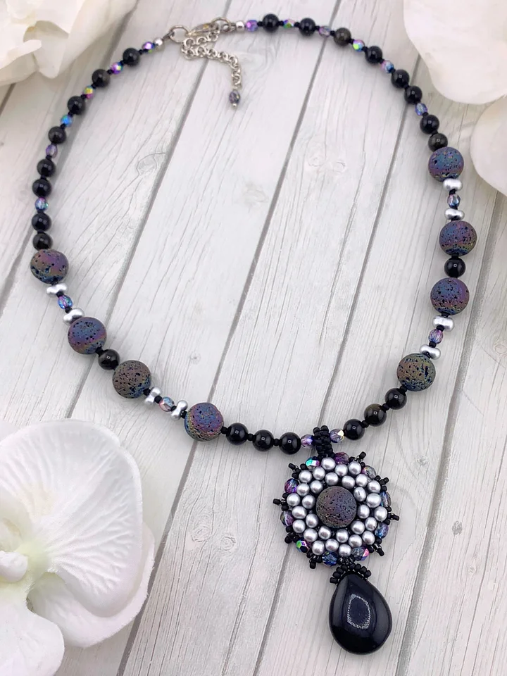 Majesty Beaded Necklace and Earrings Set - Black, Silver product image (1)