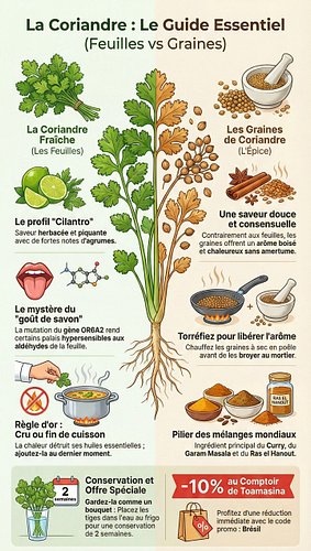 La coriandre, feuilles comme graines, est l'une des plantes aromatiques les plus polyvalentes : fraîche en notes d'agrumes, e...