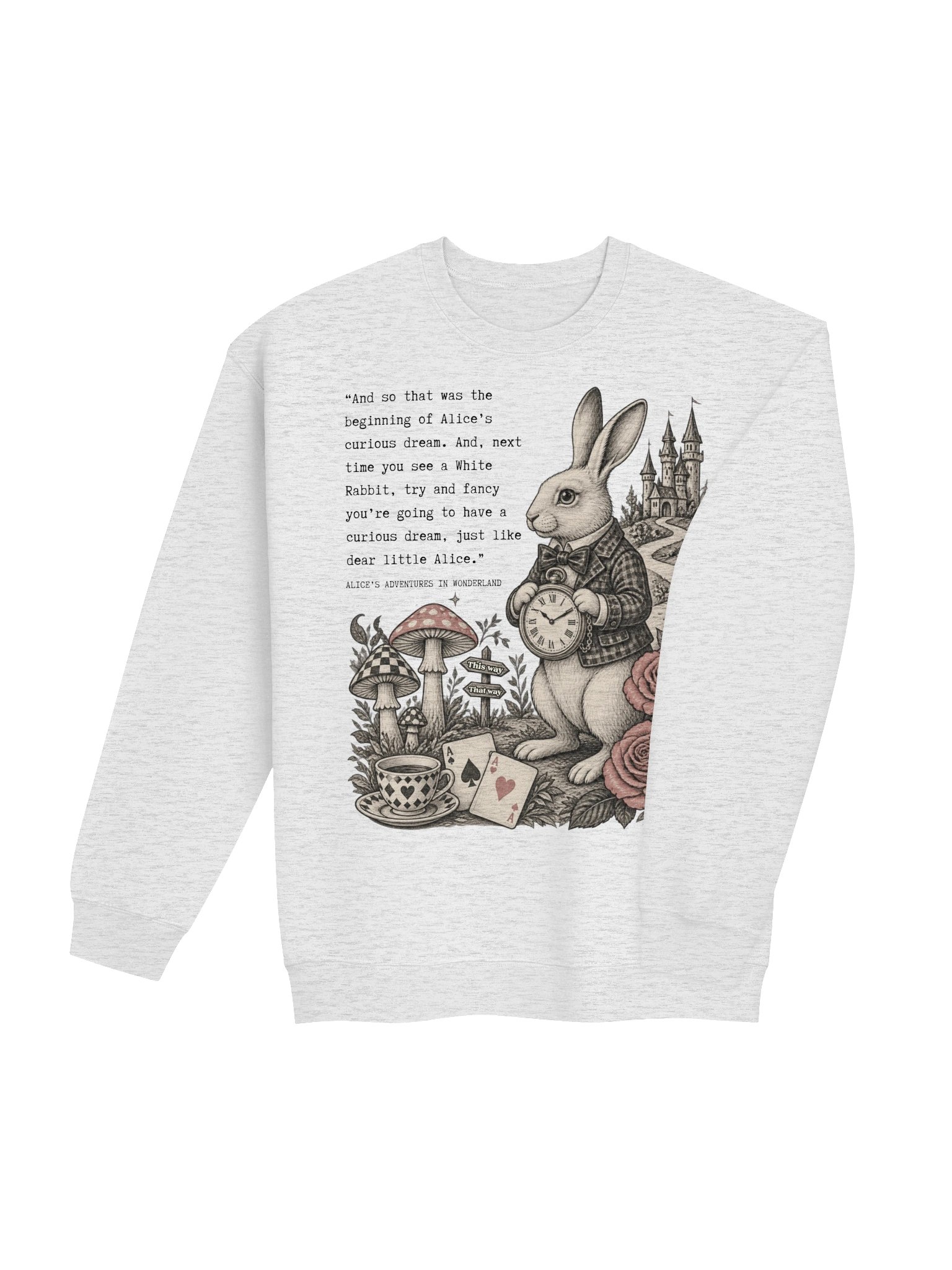 Wonderland White Rabbit Crewneck Sweatshirt, Alice's Adventures Quote Graphic product image (21)