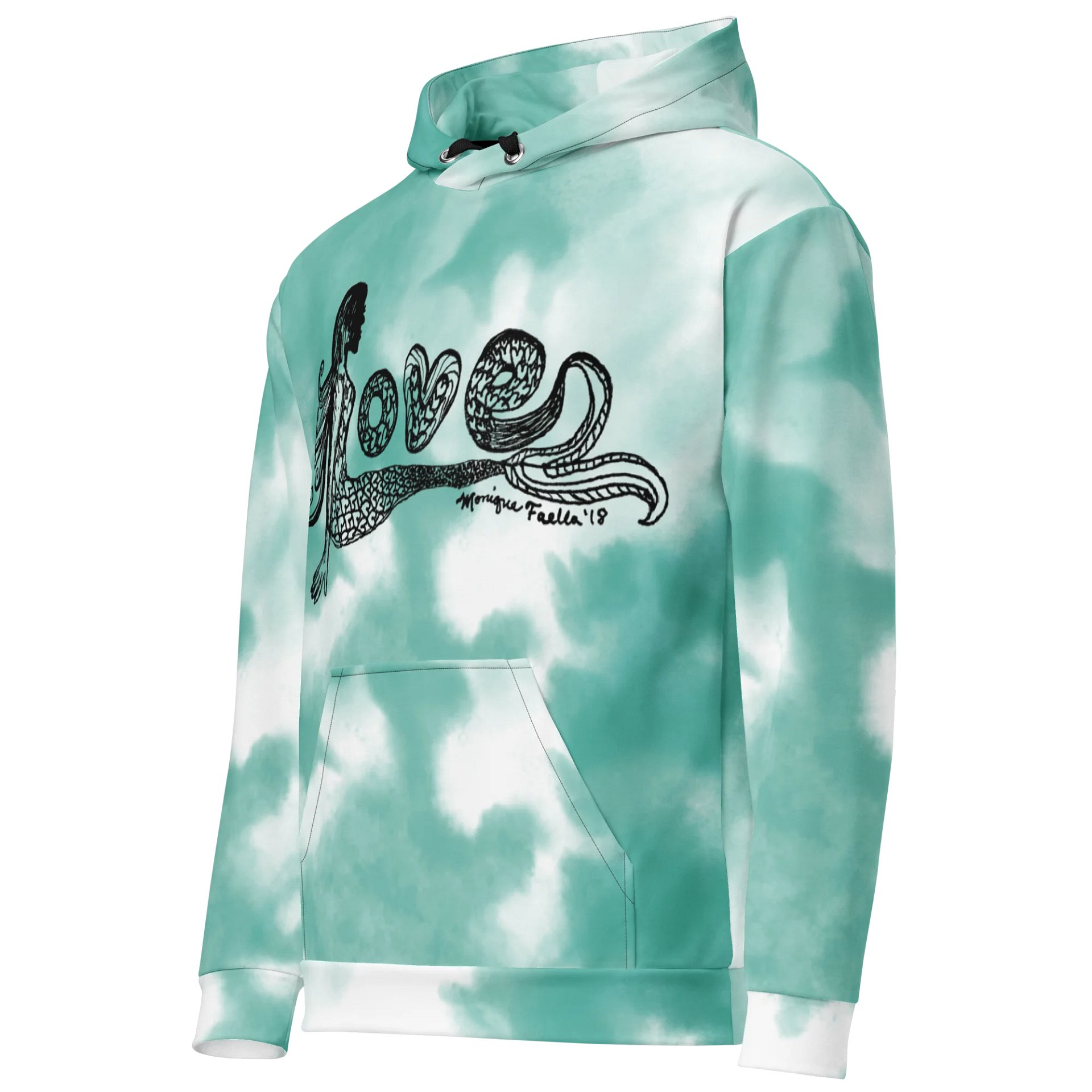 Mermaid Love | Black on Green & White Tie-Dye | Comfy All-Over Print Unisex Hooded Sweatshirt | Ocean-Inspired | Monique Faella Designs™ product image (2)