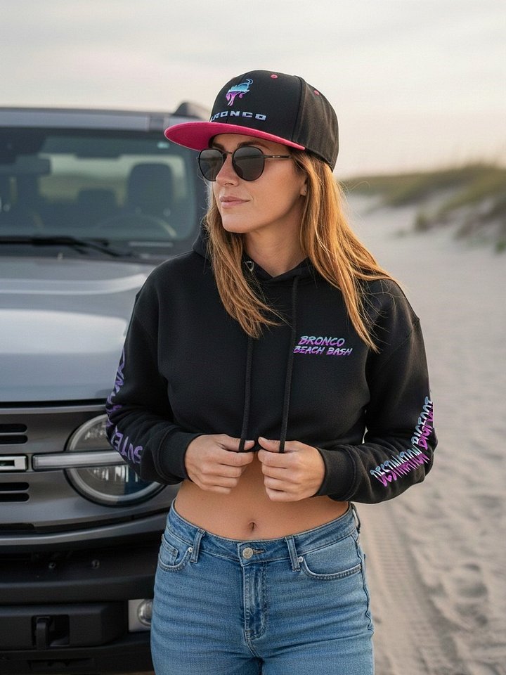 2026 Bronco Beach Bash OBX / Destination Bigfoot Bronco Collab | Bella+Canvas Fleece Women's Crop Hoodie (Multiple Colors Available) product image (1)