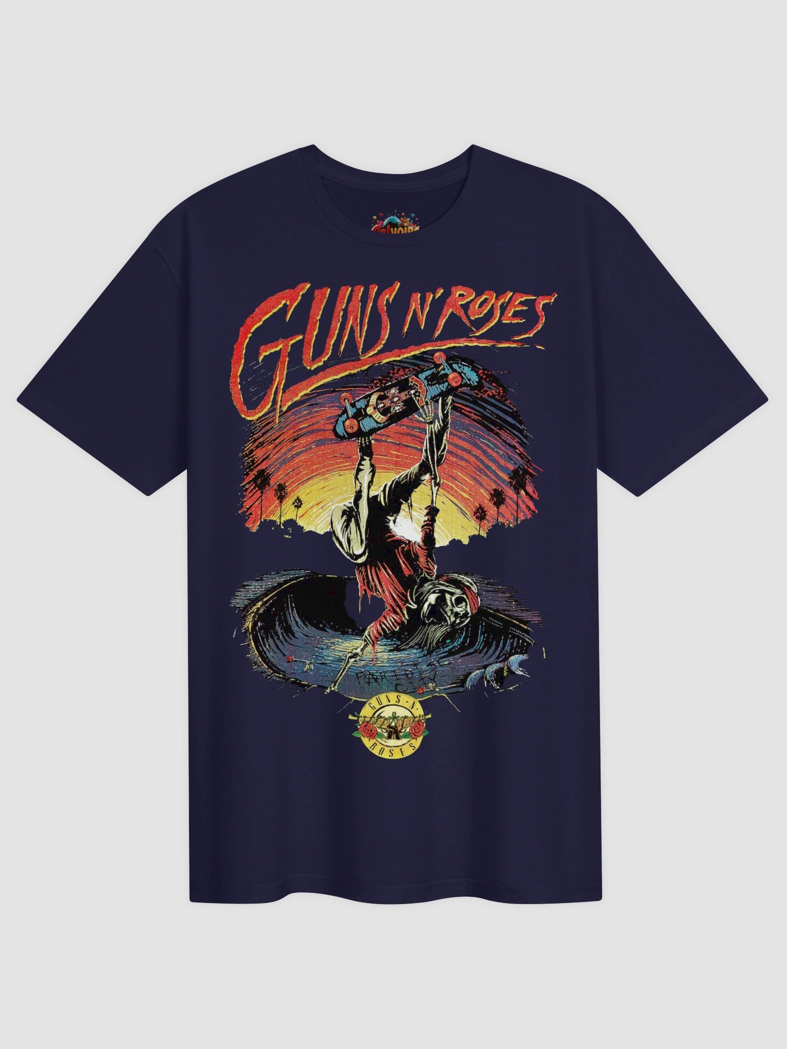 Guns N' Roses Skater Skeleton T-Shirt | Paradise City Sunset Half-Pipe Graphic Tee | 80s Hard Rock Skate Culture Band Shirt product image (1)