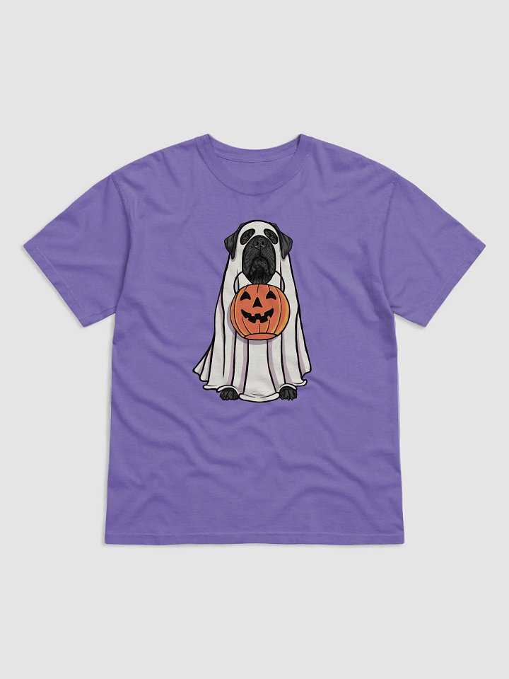 Funny Halloween Neapolitan Mastiff(Black) T-Shirt | Funny Dog Wearing a Ghost Costume and Holding a Pumpkin Basket product image (1)