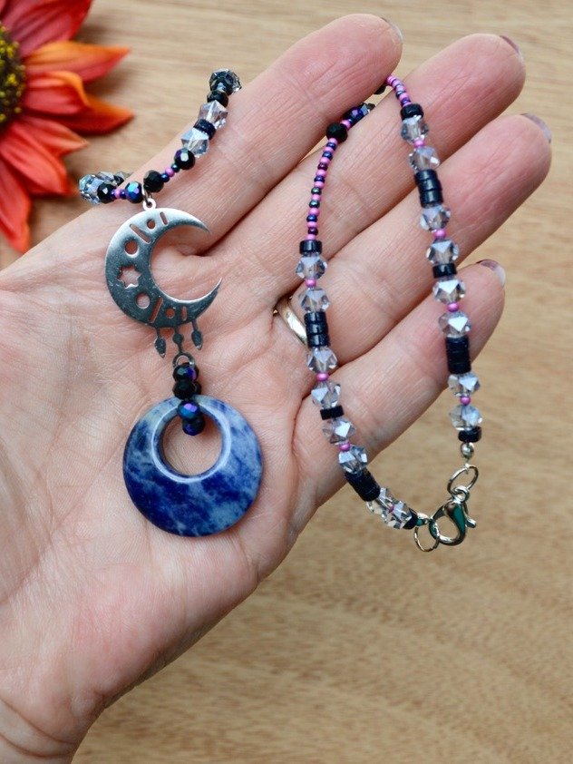 Blue Sodalite Gemstone Donut Pendant Moon Necklace product image (2)