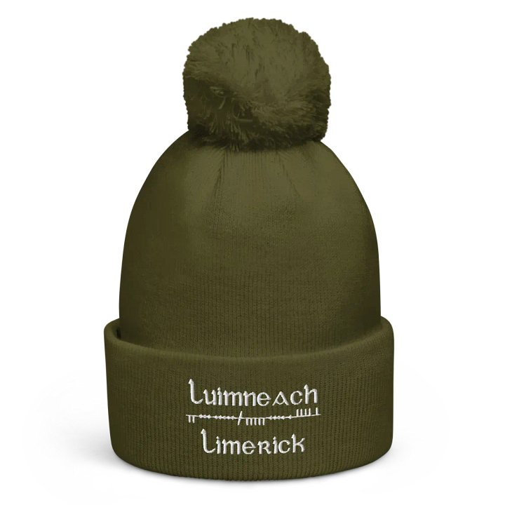 Limerick/Luimneach Scholastic Style Ogham, green with white embroidered Pom-Pom Beanie product image (1)