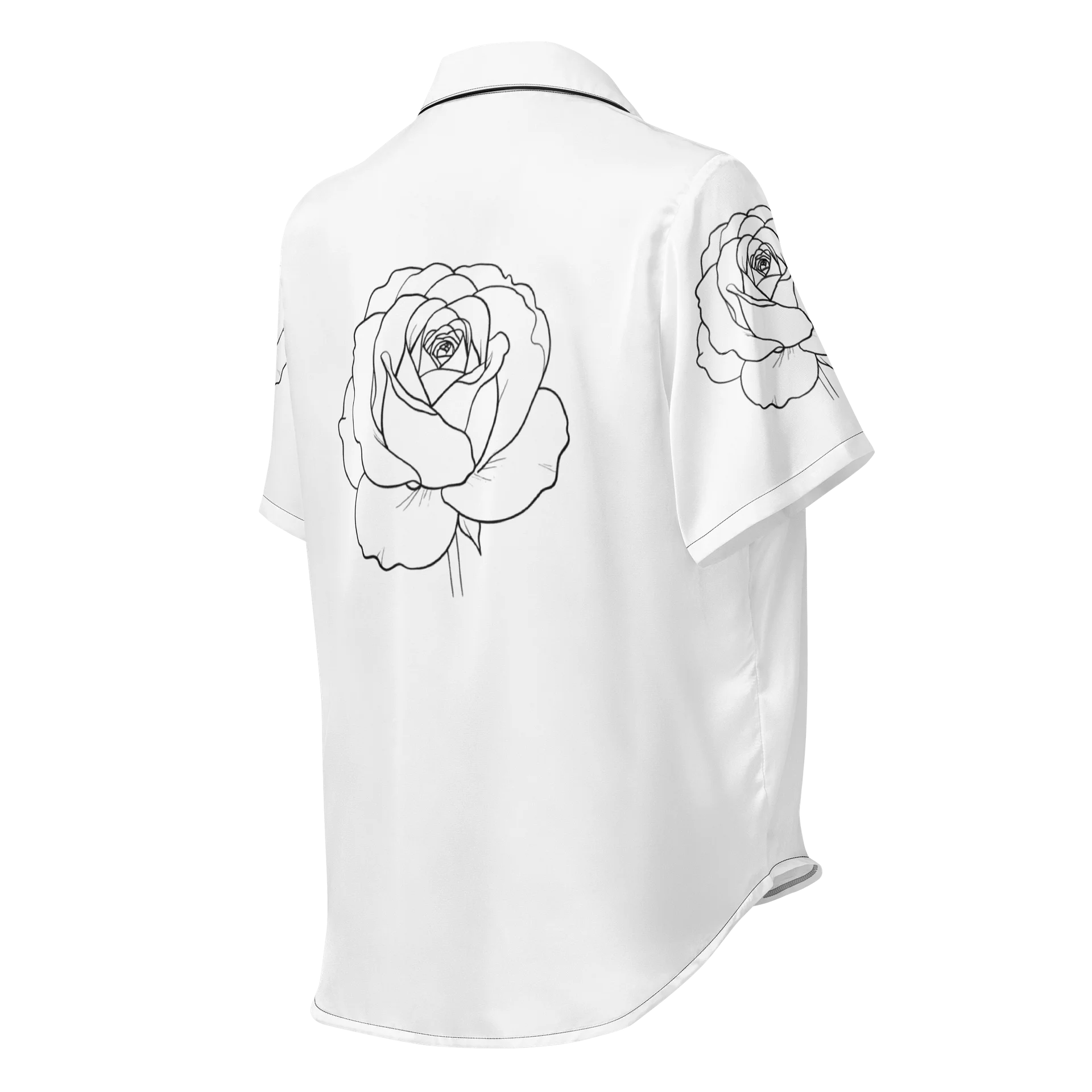White Rose Print Satin Pyjama Shirt – Short Sleeve Luxury Button-Up with Black Piping & Floral Detail product image (2)