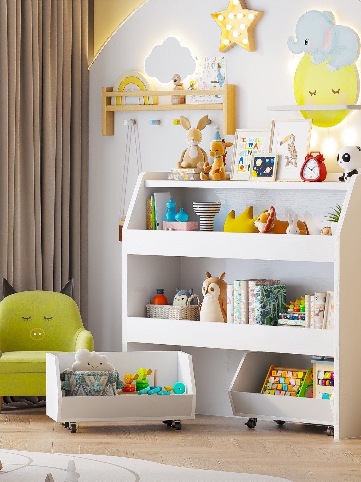 3-Tier Portable Toy Storage, Kids Toy Organizer W/2 Removable Bins with 4 Wheels（White) product image (1)