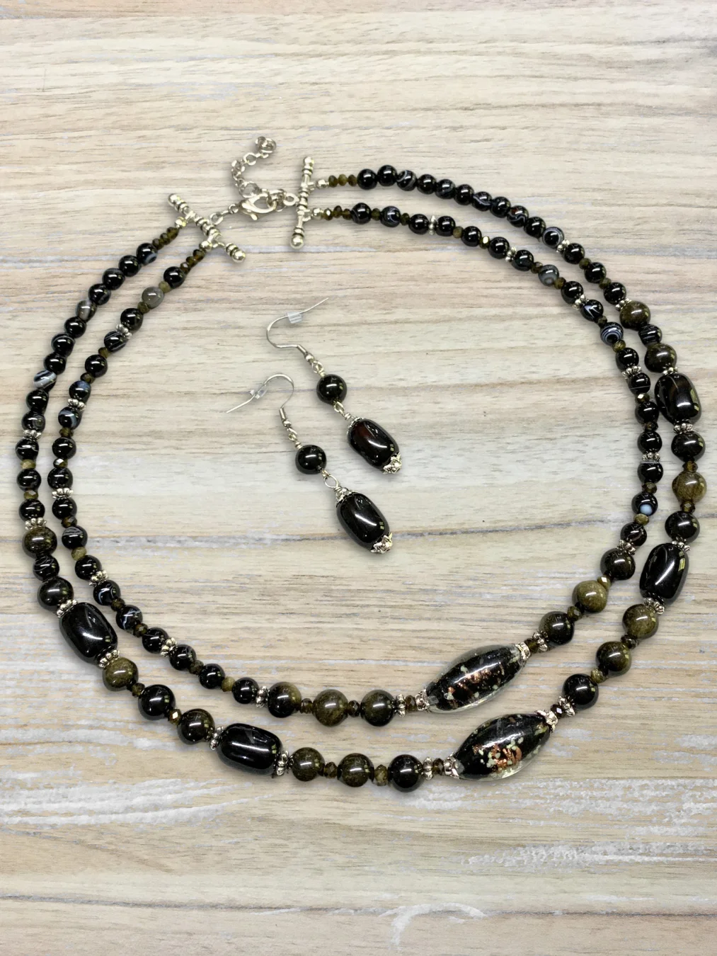 Black Onyx, Golden Sheen Obsidian 2-Strand Beaded Necklace and Earrings product image (2)