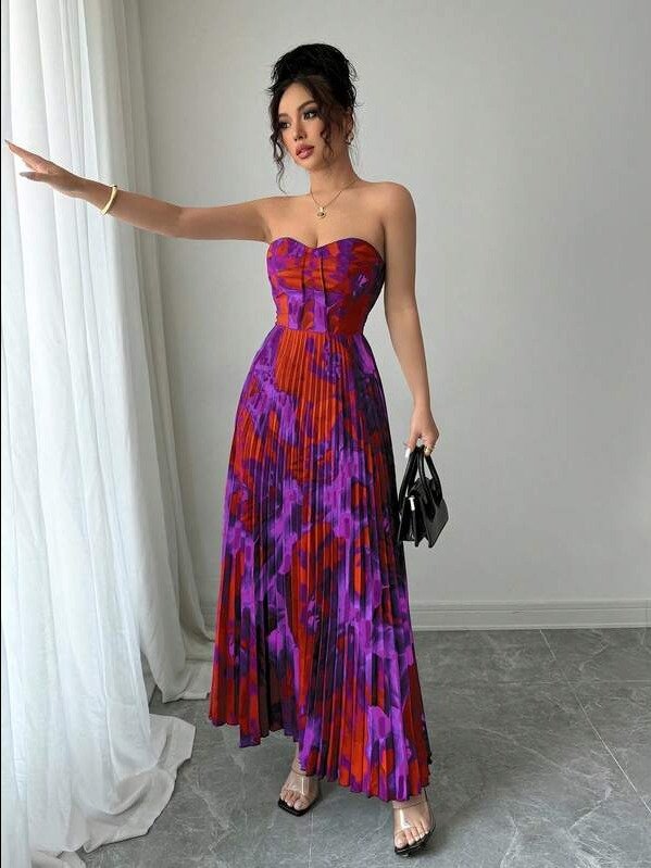 ADLEST Flora Isola Flora Isola Halloween Red Bustier Waist Pleated Floral Print Dress product image (2)