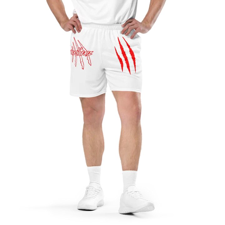 "DJ Benji Beatz Logo with Scars (Red)" All-Over Print Recycled Unisex Mesh White Shorts product image (2)