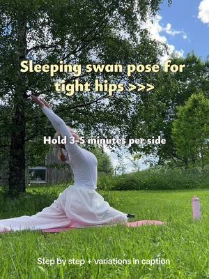 A great pose for those of us that struggle with tight and painful hips🩷🦢 How to: 1. From all fours, bring one knee forward, somewhat around the same place as your wrist. 2. This should not hurt your knee, if it does experiment with the placement, bring your heel either closer or further away from you (our bodies are different so what we need varies). I usually also have a blanket under my bent leg for extra support. 3. Bring your other leg out behind you as far as is comfortable. 4. Find your center over your hips, arms to the mat, let your weight gently sink into the mat as you exhale slowly. 5. Hold sitting until your body invites you to crawl forward. No need to go all the way down if thats too intense. Find your sweet spot and hold for 3-5 minutes for each side. Deep and controlled breaths, close your eyes, and scan your body to find spots you could relax further. Heavy and limp. ⚠️ If your knee is in pain or just feels concerning, get out slowly and don’t push through it. You can also use a pillow or bolster along your upper body for extra comfort and support! #yoga #yin #tighthips #swanpose #asana 