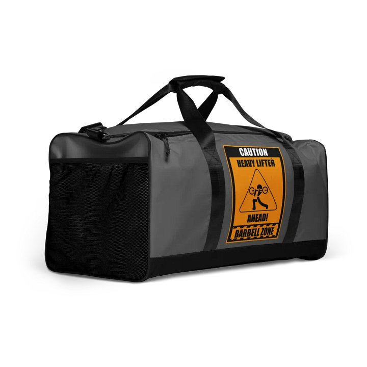 Caution Heavy Lifter Ahead-Barbell Zone Duffle Bag (Dark Gray and Black) product image (2)