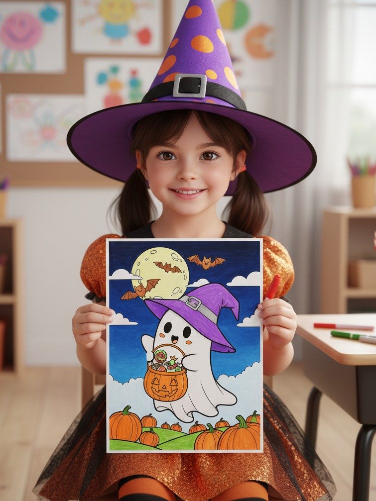 Cute Ghost Halloween Coloring Pages | 5 Printable Spooky Fun Sheets for Kids & Adults | Kawaii Witch Ghost, Pumpkins & Bats | Instant Download PDF product image (3)