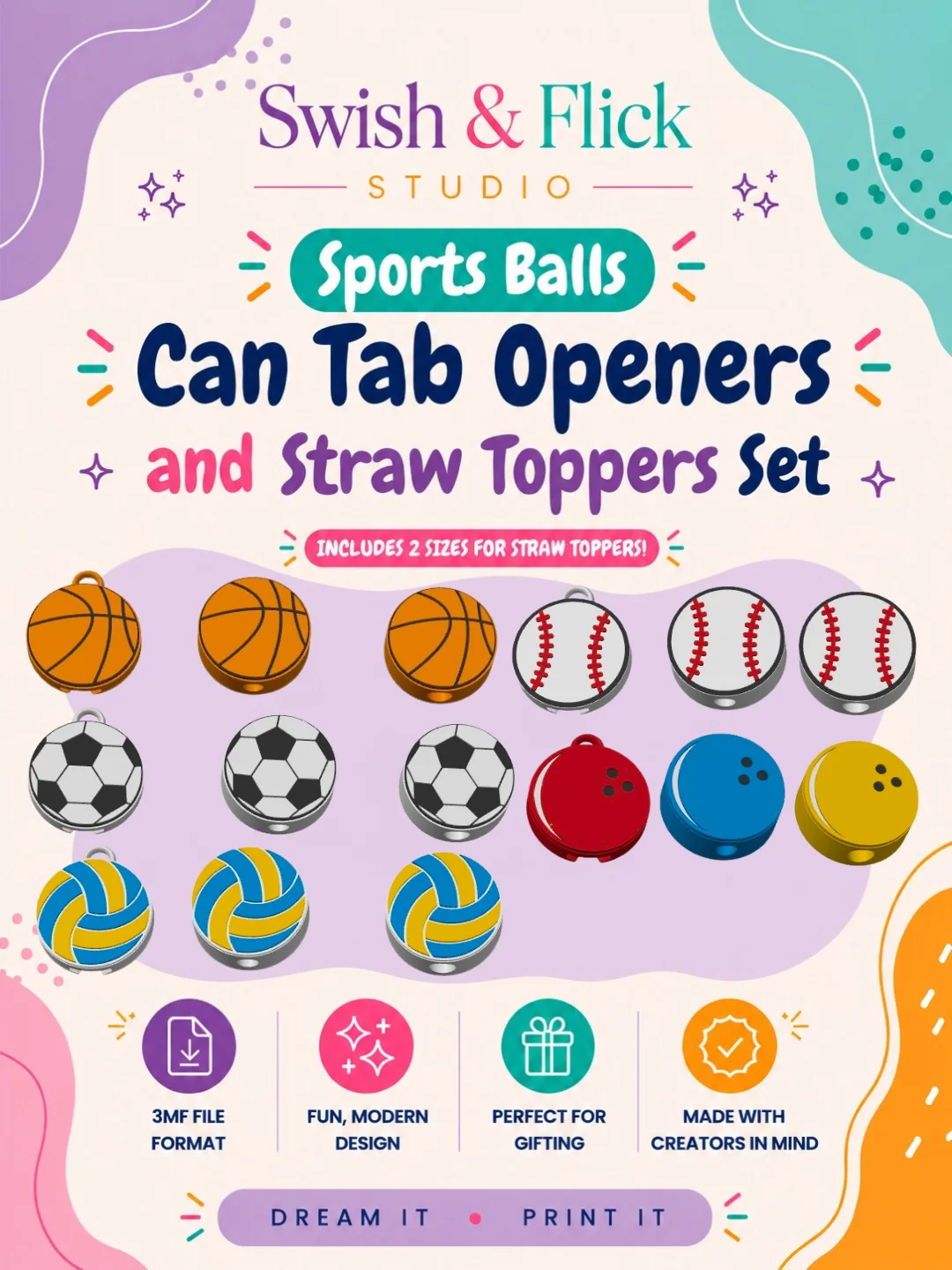 Sports Balls Can Tab Openers & Straw Toppers Set | Basketball Soccer Volleyball Baseball Bowling | 3MF Files | Multicolor AMS MMU 3D Print Digital Download | Includes 2 Straw Sizes product image (1)