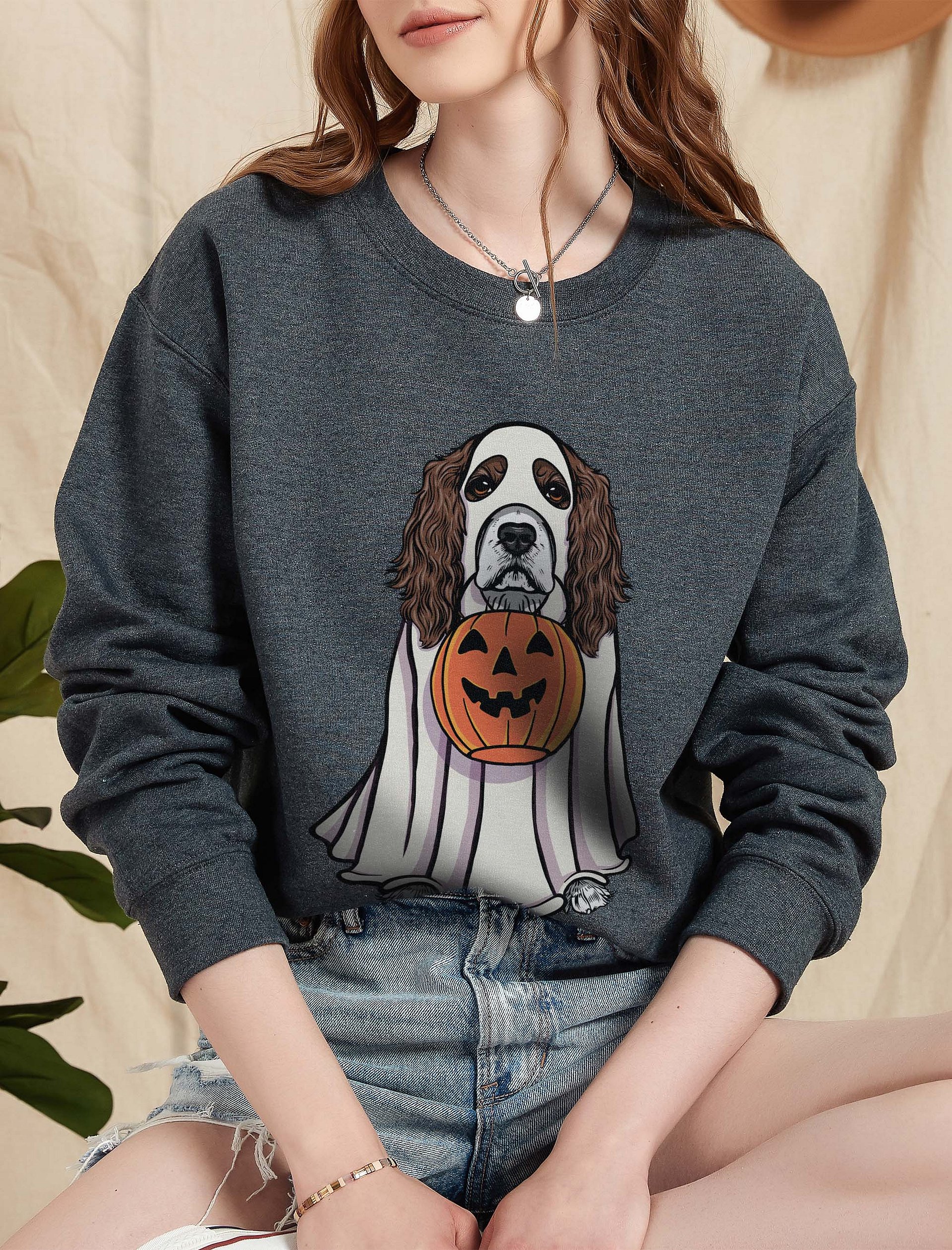 Funny Halloween Cocker Spaniel(Liver & White) Sweatshirt | Funny Cocker Spaniel Wearing a Ghost Costume and Holding a Pumpkin Basket product image (2)