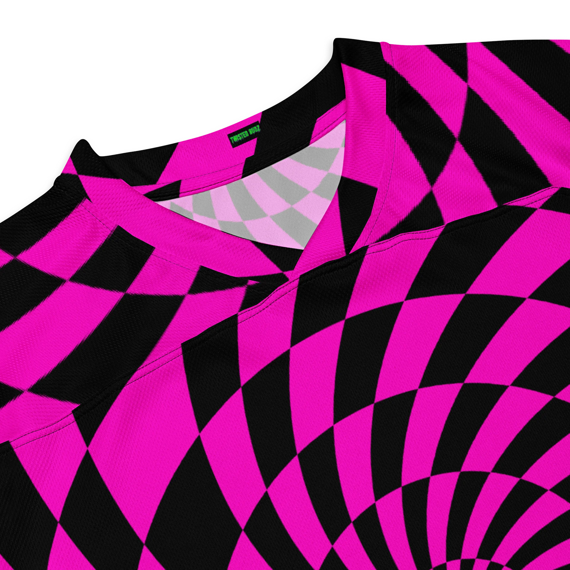 Psychedelic Rave EDM Hockey Jersey, Hot Pink Black Checkers Swirl Shirt, Trippy Techno Top Festival Fashion, Comfy Dance Party Clothing product image (2)