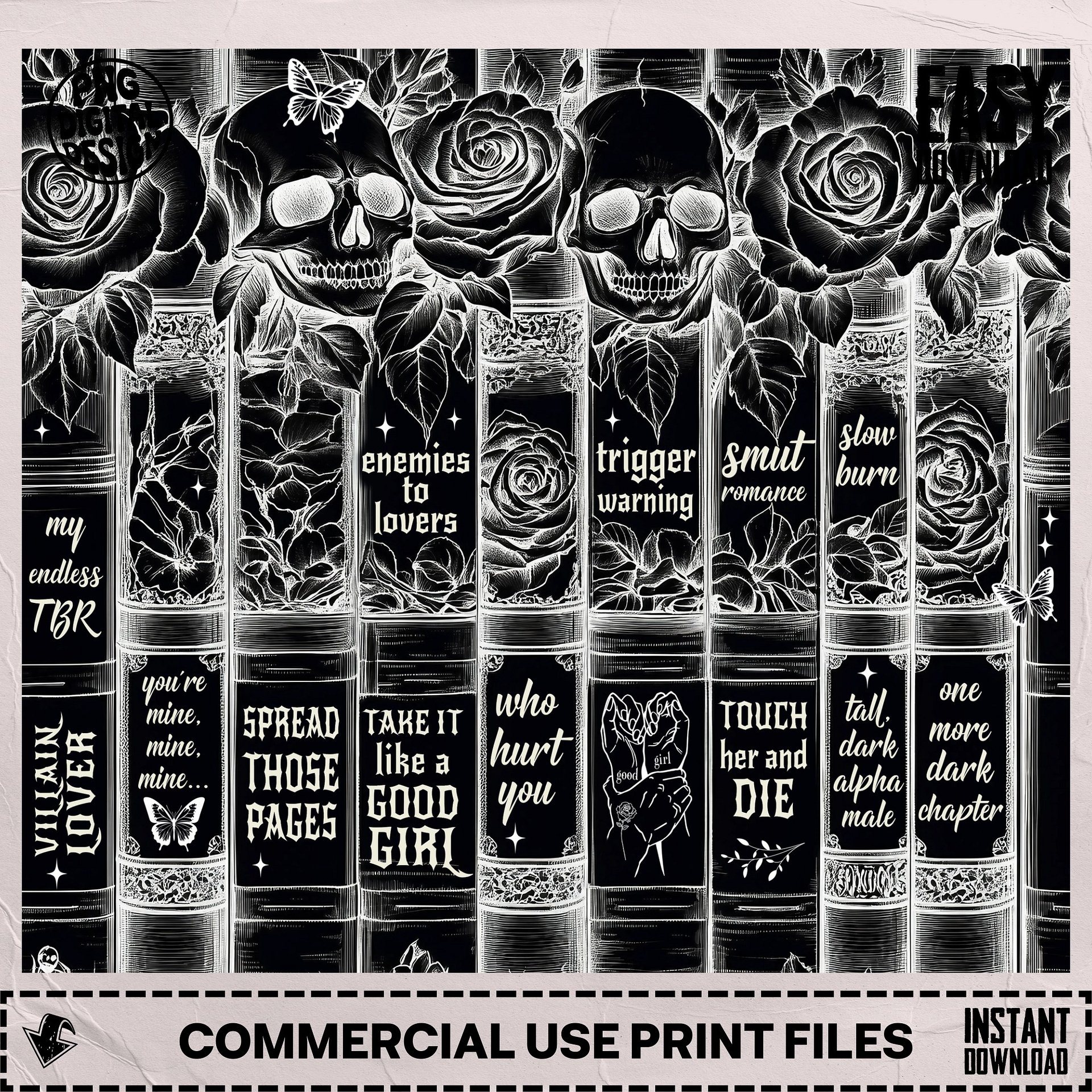 Dark Romance Skull Roses Vintage Black White Book Tropes 20oz Skinny Tumbler PNG, Seamless Full Wrap Sublimation Design, Digital Download product image (6)