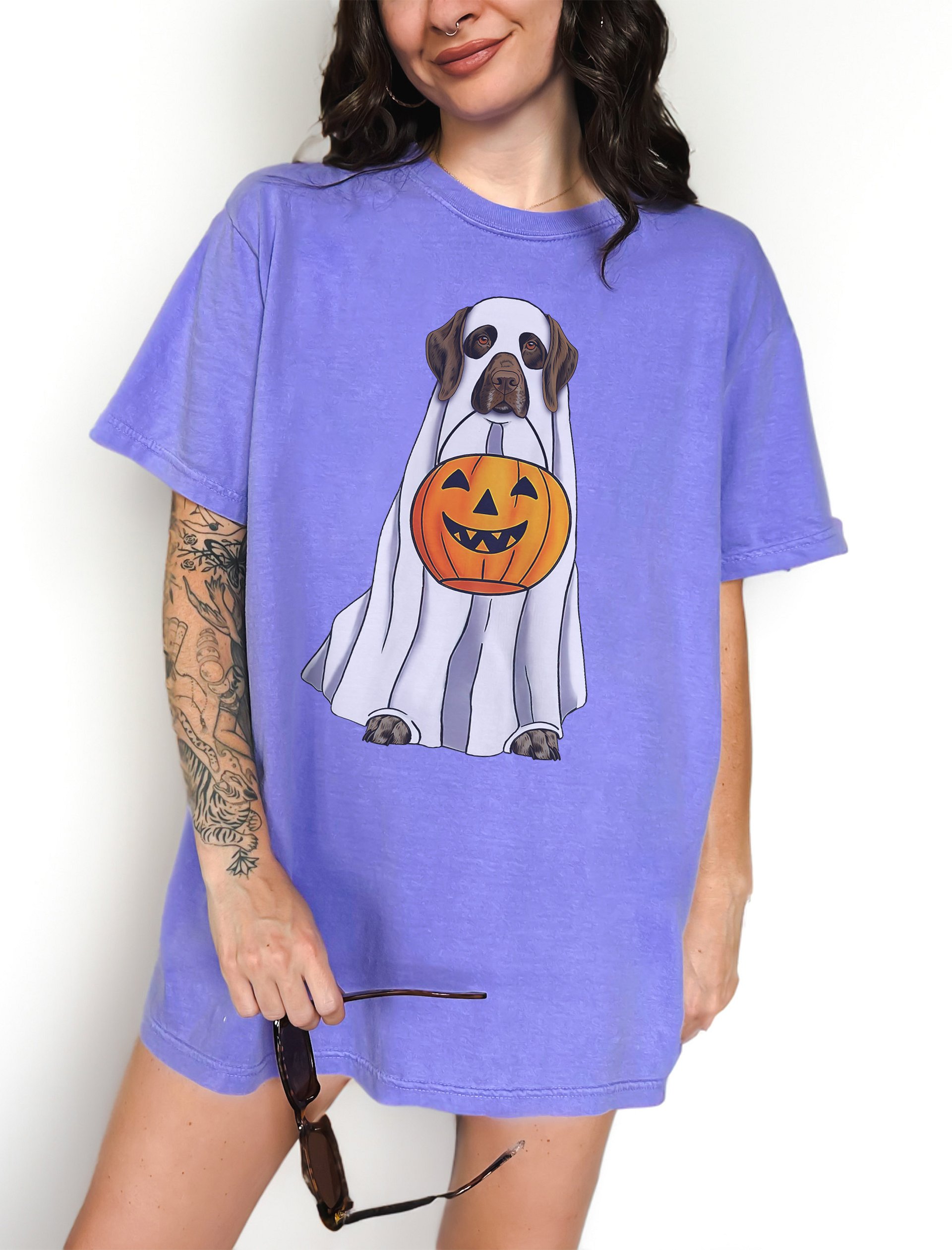 German Shorthaired Pointer (2) Halloween Tee | Funny Halloween GSP Wearing a Ghost Costume with Pumpkin Basket product image (2)