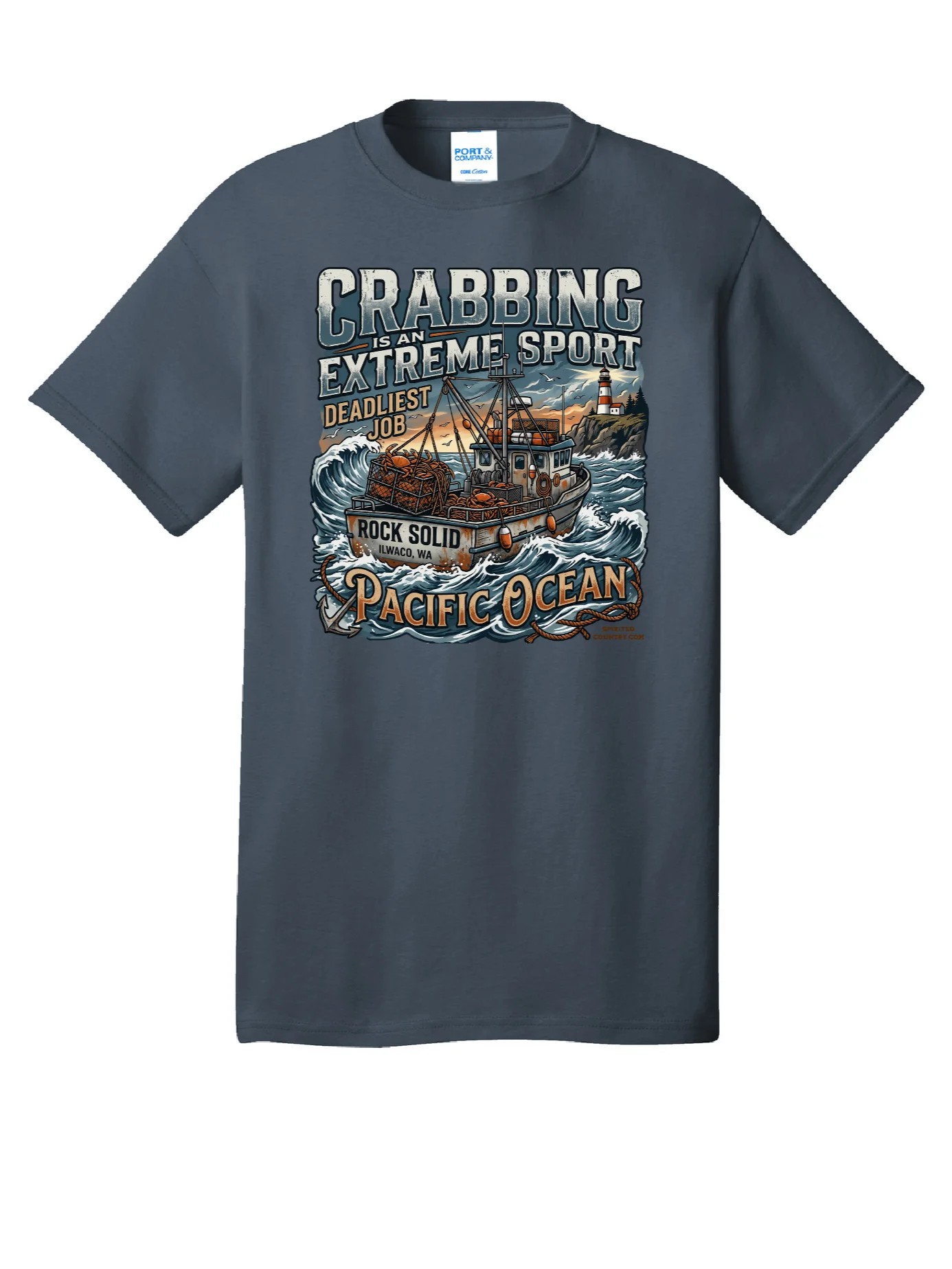 CRABBING EXTREME SPORT ILWACO PORT AND CO STEEL BLUE TSHIRT product image (1)