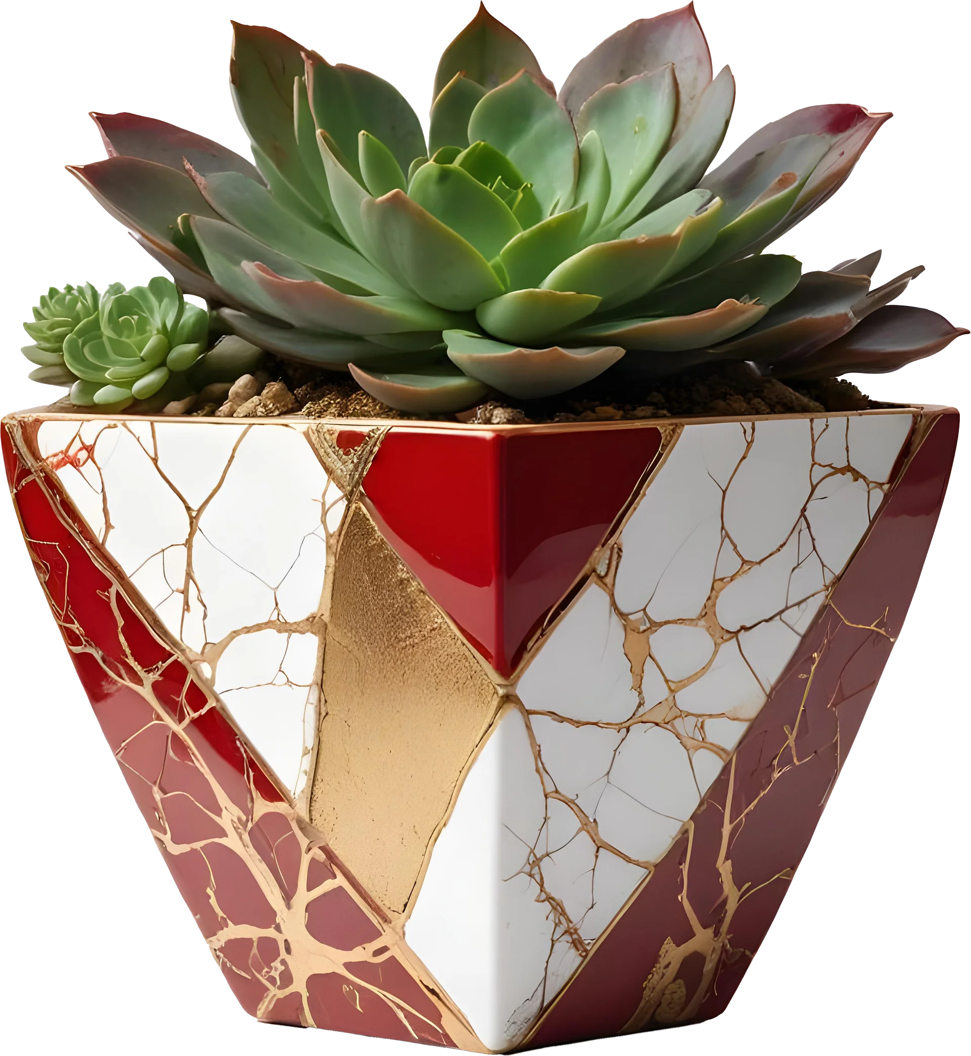 Kintsugi Elegance – Red and White Geometric Pot PNG product image (1)