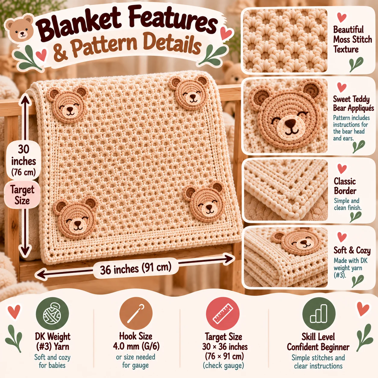 Little Bear Baby Blanket Crochet Pattern PDF – Teddy Bear Appliqué product image (3)